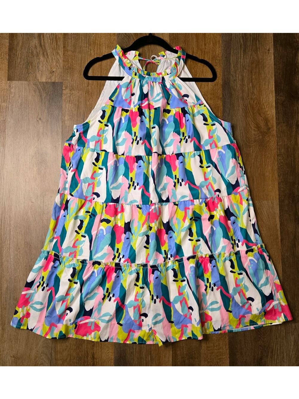THML Colorful Abstract A-Line Ruffle Tiered Sleeveless Flowy Midi Sun Dress Sz L